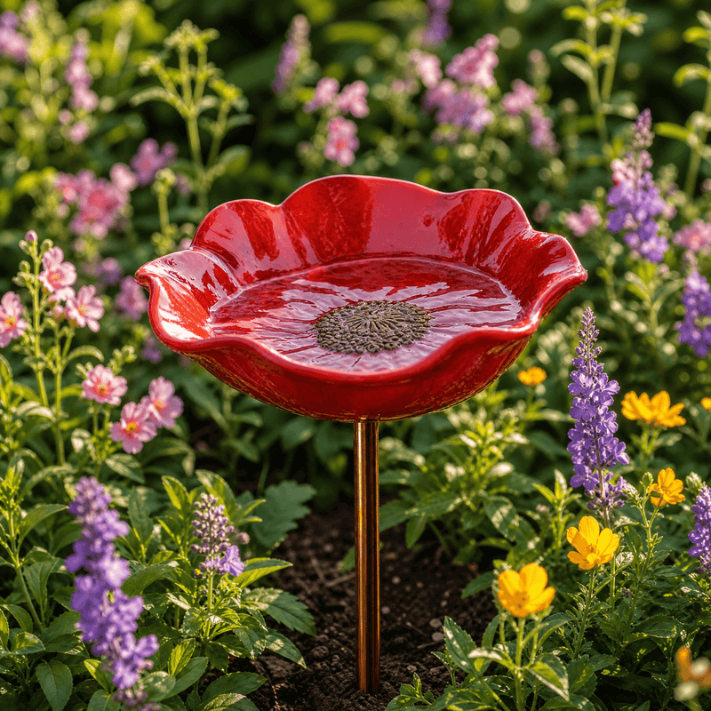 Poppy Flower Metal Bird Bath with Ground Stake