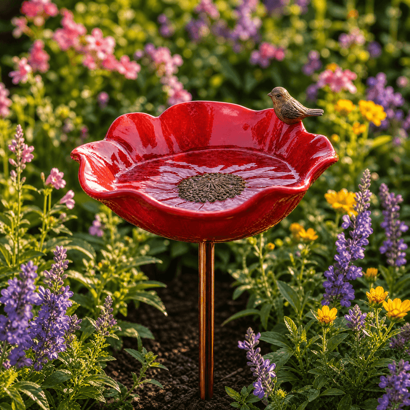 Poppy Flower Garden Bird Bath with Ground Stake