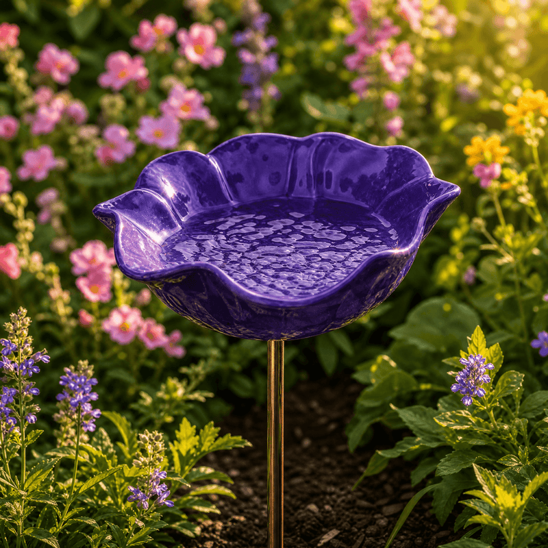 Poppy Flower Metal Bird Bath with Ground Stake