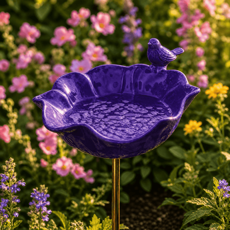 Poppy Flower Garden Bird Bath with Ground Stake
