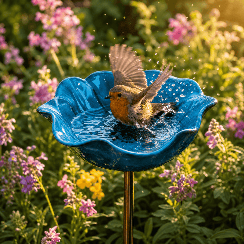 Poppy Flower Metal Bird Bath with Ground Stake