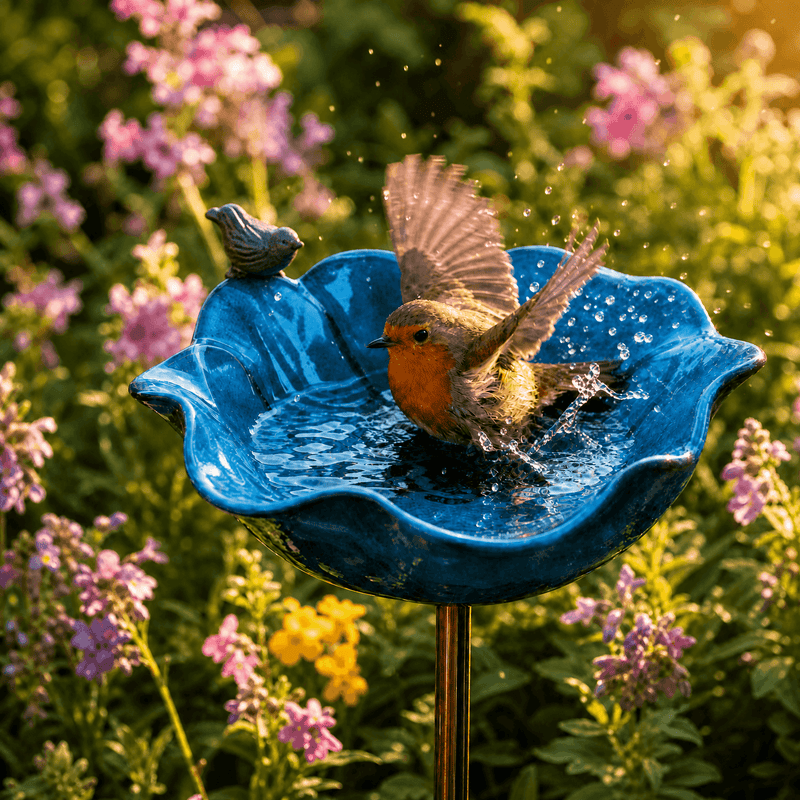 Poppy Flower Garden Bird Bath with Ground Stake