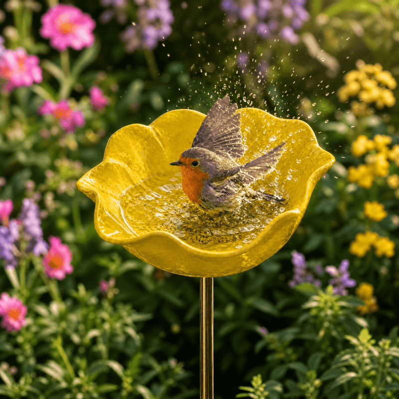 Poppy Flower Metal Bird Bath with Ground Stake