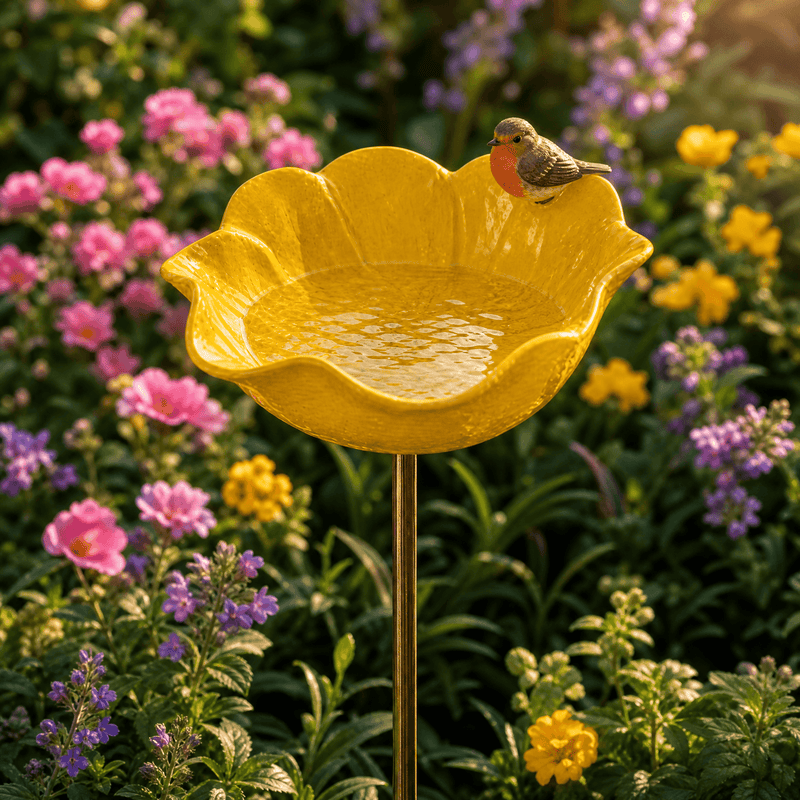 Poppy Flower Metal Bird Bath with Ground Stake