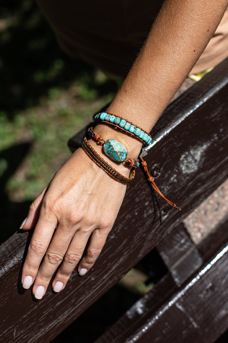 Wrap Bracelet with Stone Beads, Leather Strands and Button Loops