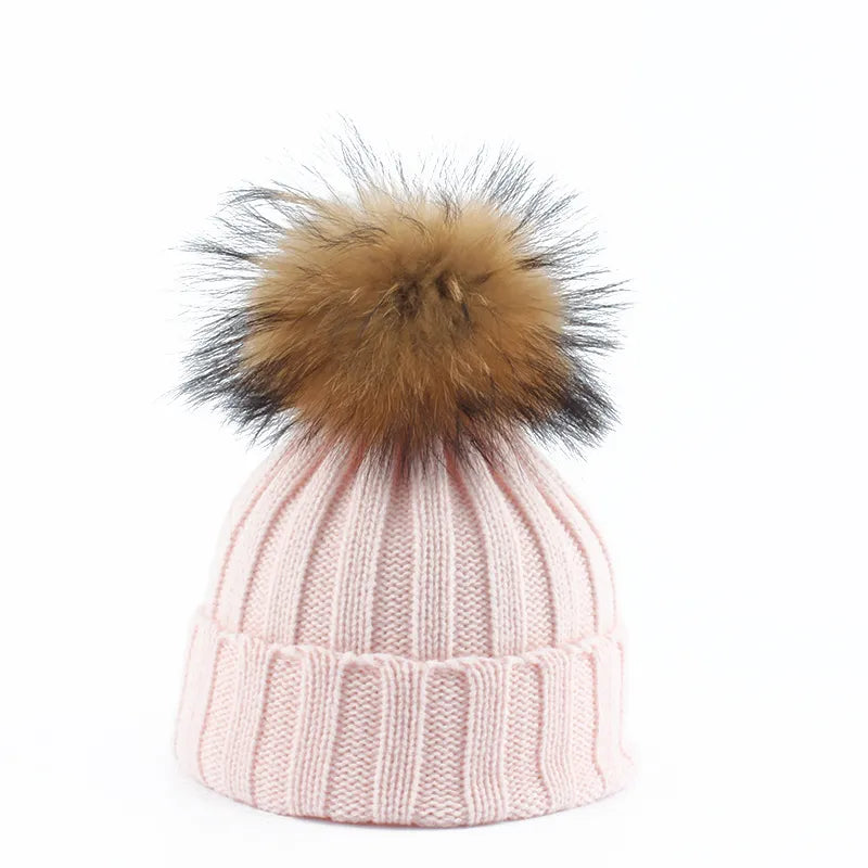 Knitted Ribbed Beanie with Faux-Fur Pom-Pom