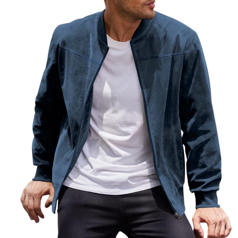Men's Summer Jacket with Suede Look and Stand-Up Collar