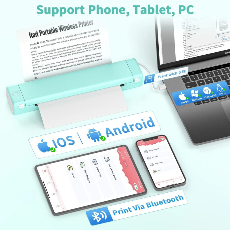 Portable A4 Thermal Printer with Bluetooth and Inkless Printing