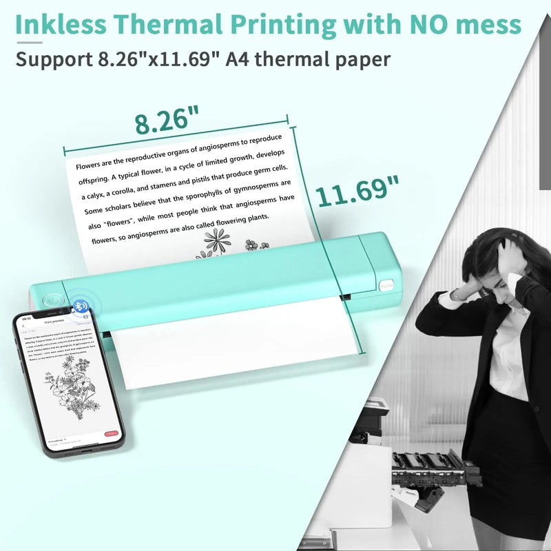Portable A4 Thermal Printer with Bluetooth and Inkless Printing