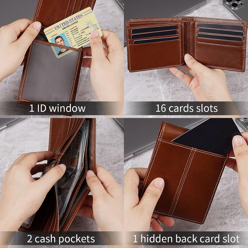 Leather Bifold Wallet with Multiple Card Slots and Cash Sections