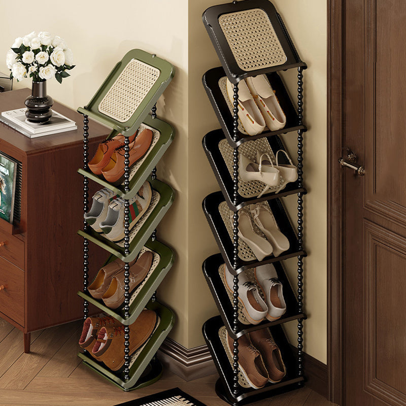 Vertical Tiered Shoe Rack with Woven Storage Shelves
