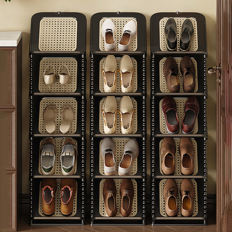 Vertical Tiered Shoe Rack with Woven Storage Shelves