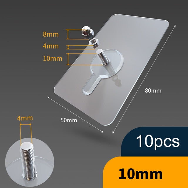 Ten Clear PVC Self-Adhesive Hooks for Drill-Free Wall Storage