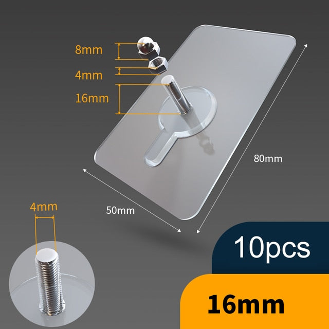 Ten Clear PVC Self-Adhesive Hooks for Drill-Free Wall Storage
