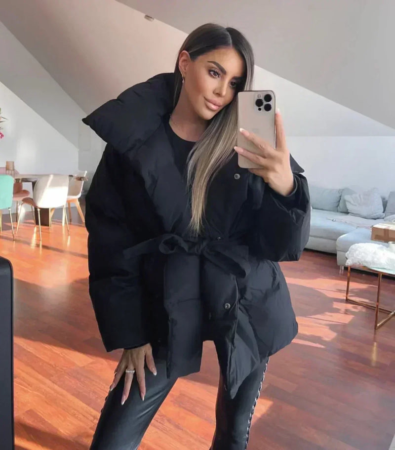 Ladies Padded Winter Jacket with Belt and Stand-Up Collar – Warm and Stylish