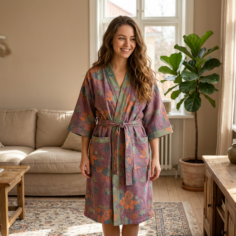 Ladies' Kimono Bathrobe – Botanical Pattern in Organic Cotton