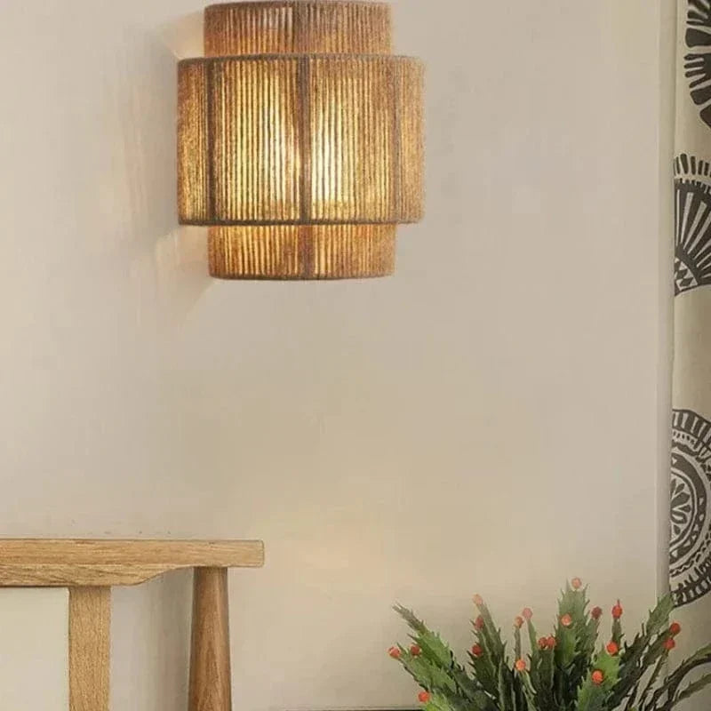 Handwoven Rattan and Bamboo Wall Light with Ambient Glow