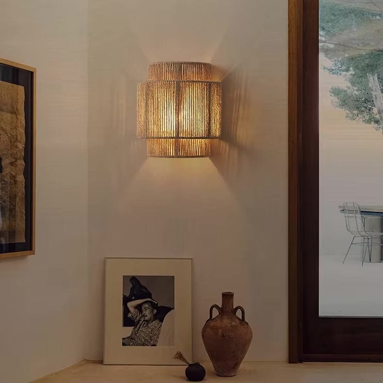 Handwoven Rattan and Bamboo Wall Light with Ambient Glow