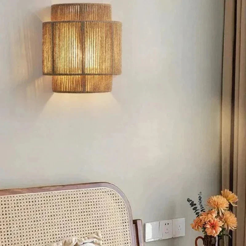 Handwoven Rattan and Bamboo Wall Light with Ambient Glow