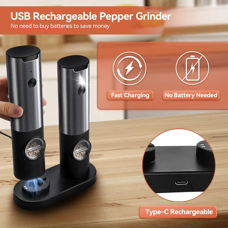 Rechargeable Electric Salt and Pepper Grinder Set with Adjustable Coarseness