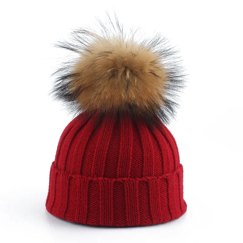 Knitted Ribbed Beanie with Faux-Fur Pom-Pom