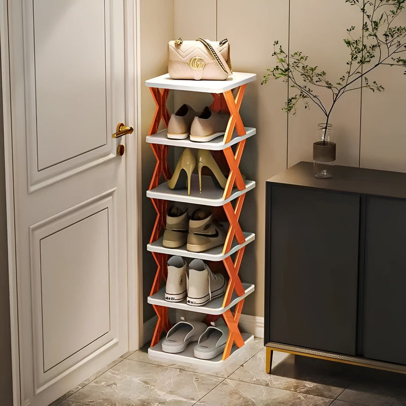Folding Shoe Rack with Tiered Shelves and X-Frame Sides for Hallways