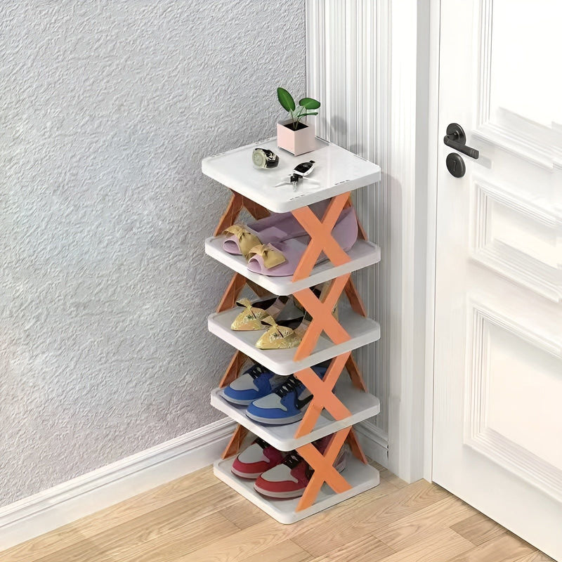 Folding Shoe Rack with Tiered Shelves and X-Frame Sides for Hallways
