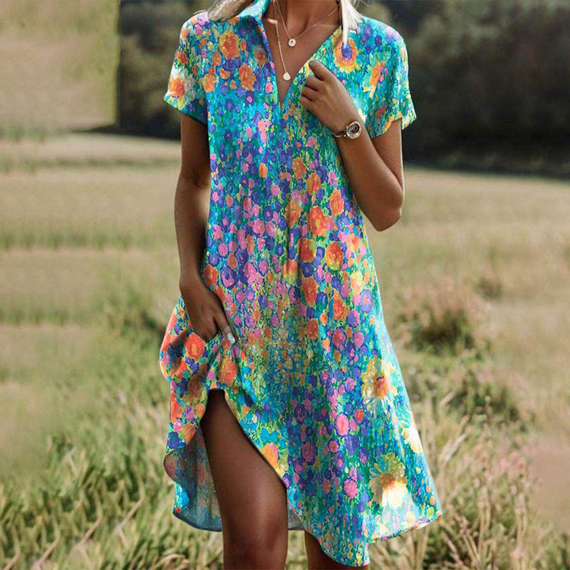 Ladies' Summer Dress with Colourful Floral Print and Short Sleeves