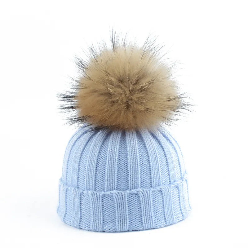 Knitted Ribbed Beanie with Faux-Fur Pom-Pom
