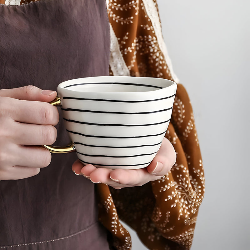 Geometric Ceramic Mug with Gold-Tone Handle for Coffee, Tea and Espresso