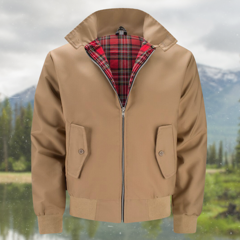 Harrington Jacket for Men with Plaid Lining and Ribbed Trim