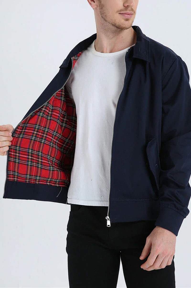 Harrington Jacket for Men with Plaid Lining and Ribbed Trim