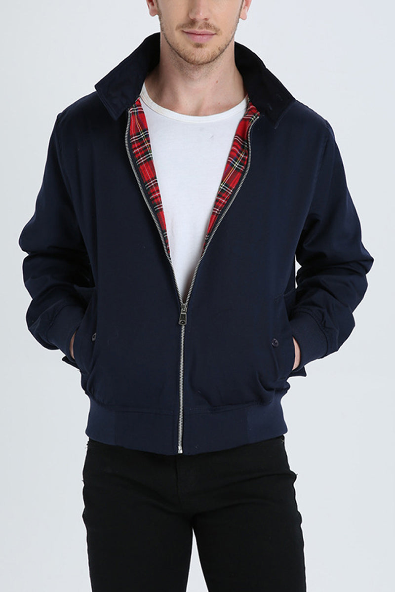 Harrington Jacket for Men with Plaid Lining and Ribbed Trim