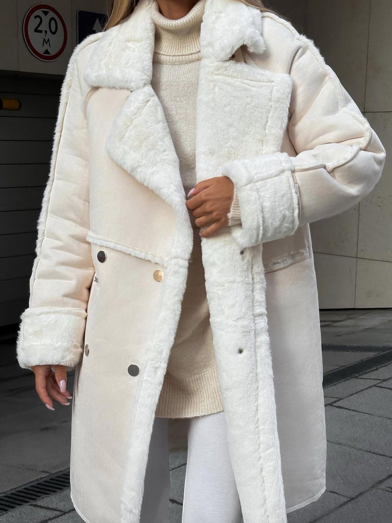 Long Coat for Women with Fleece Trim and Double-Breasted Buttons