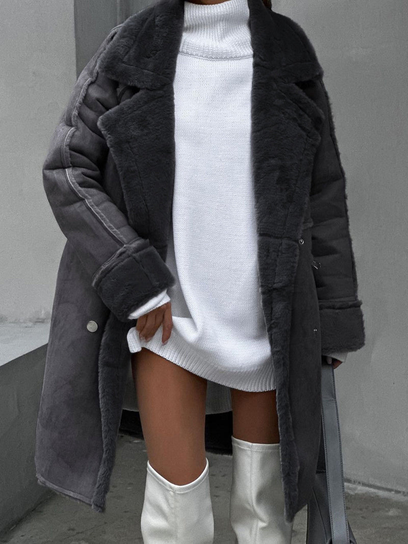 Long Coat for Women with Fleece Trim and Double-Breasted Buttons