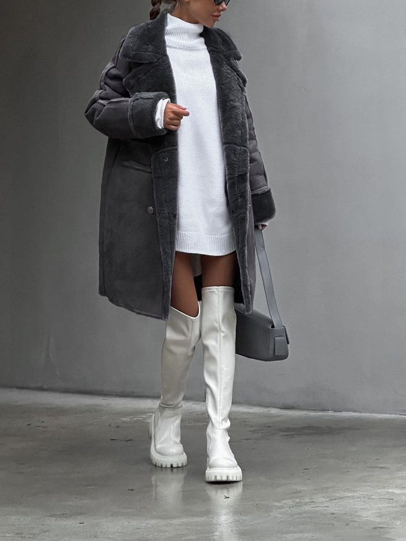 Long Coat for Women with Fleece Trim and Double-Breasted Buttons