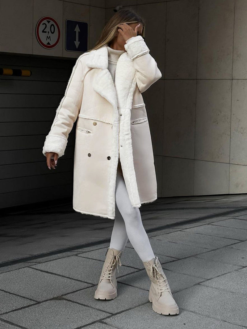 Long Coat for Women with Fleece Trim and Double-Breasted Buttons
