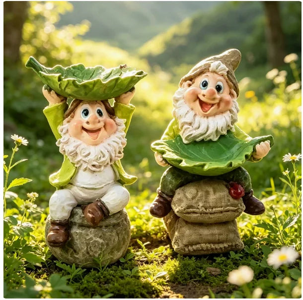 Decorative Garden Gnome with Leaf-Shaped Bird Feeding Bowl