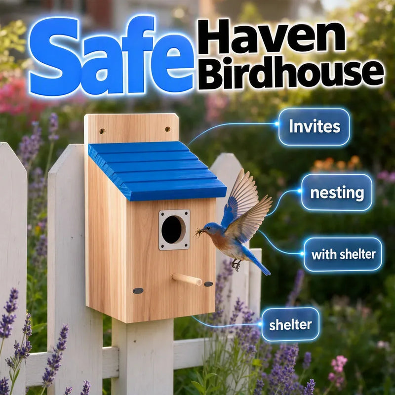 Wooden Garden Birdhouse with Blue Pitched Roof