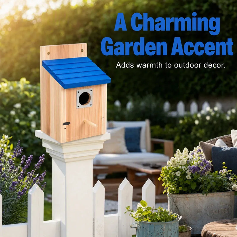 Wooden Garden Birdhouse with Blue Pitched Roof