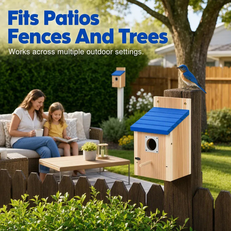 Wooden Garden Birdhouse with Blue Pitched Roof