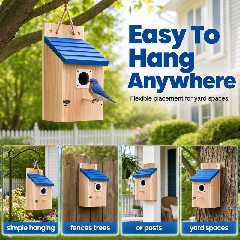 Wooden Garden Birdhouse with Blue Pitched Roof