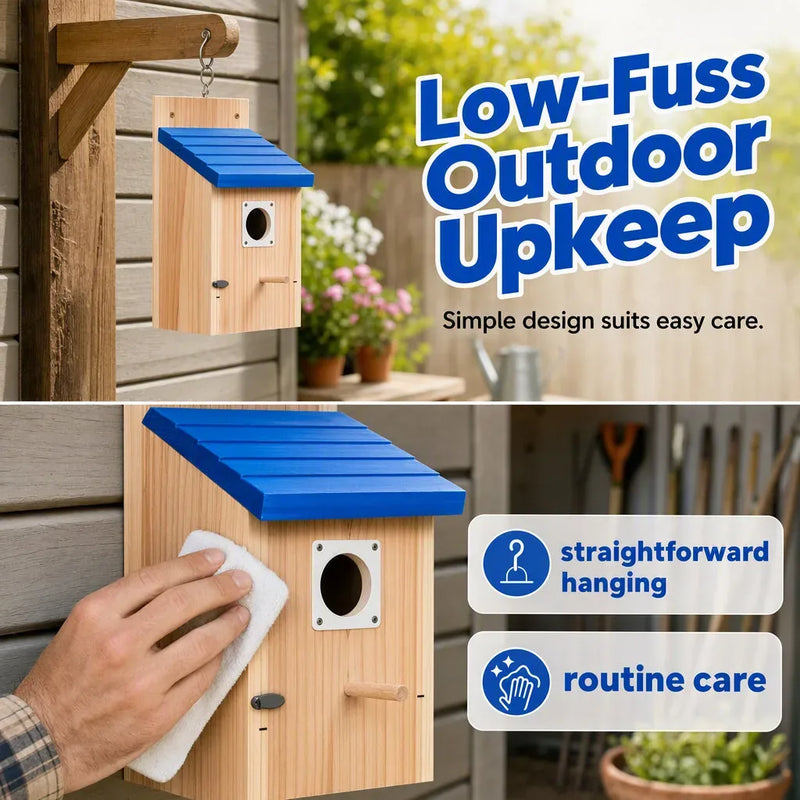 Wooden Garden Birdhouse with Blue Pitched Roof