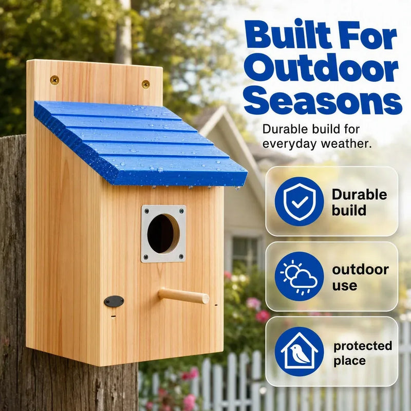Wooden Garden Birdhouse with Blue Pitched Roof