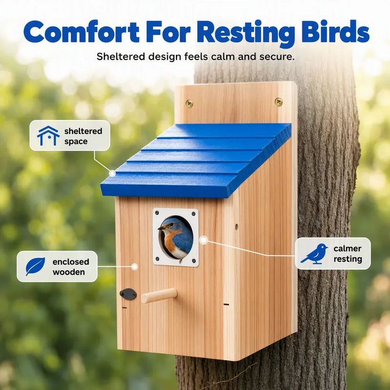 Wooden Garden Birdhouse with Blue Pitched Roof