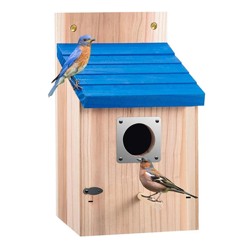 Wooden Garden Birdhouse with Blue Pitched Roof