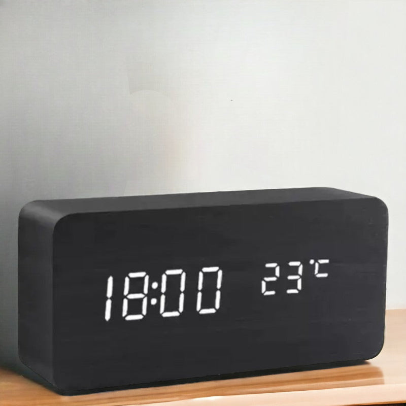 Wood-Effect LED Alarm Clock with Temperature Display