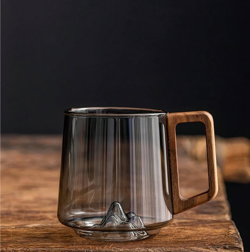Glass Coffee Mug with Smoked Glass and Walnut Handle