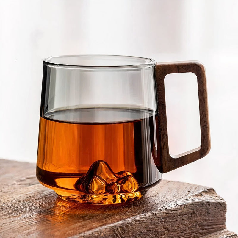 Glass Coffee Mug with Smoked Glass and Walnut Handle