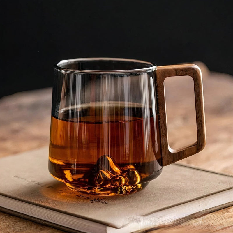 Glass Coffee Mug with Smoked Glass and Walnut Handle